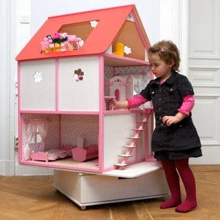 Handgjord Vit & Rosa Dockhus med Rött Tak i Trä -Stor 4-Rumshus