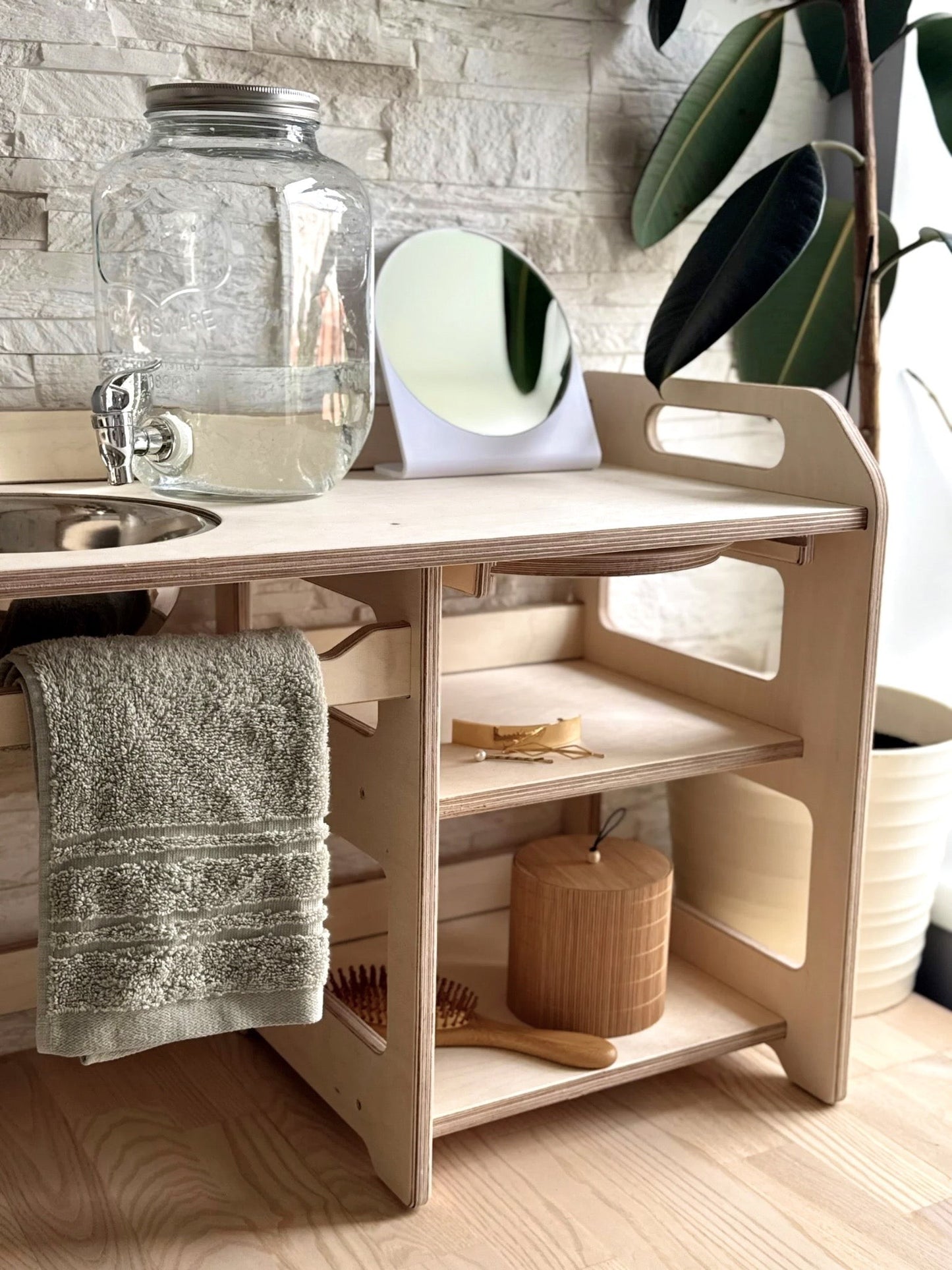 Montessori Tvättställe & Handfat med Förvaring i Trä för Barn - Stor