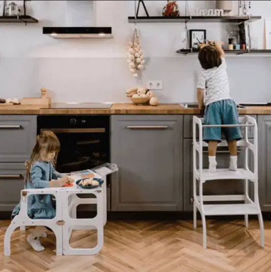 Konvertibelt 2-i-1 Vit Lärotorn / Bord i Trä - STEP'n'SIT