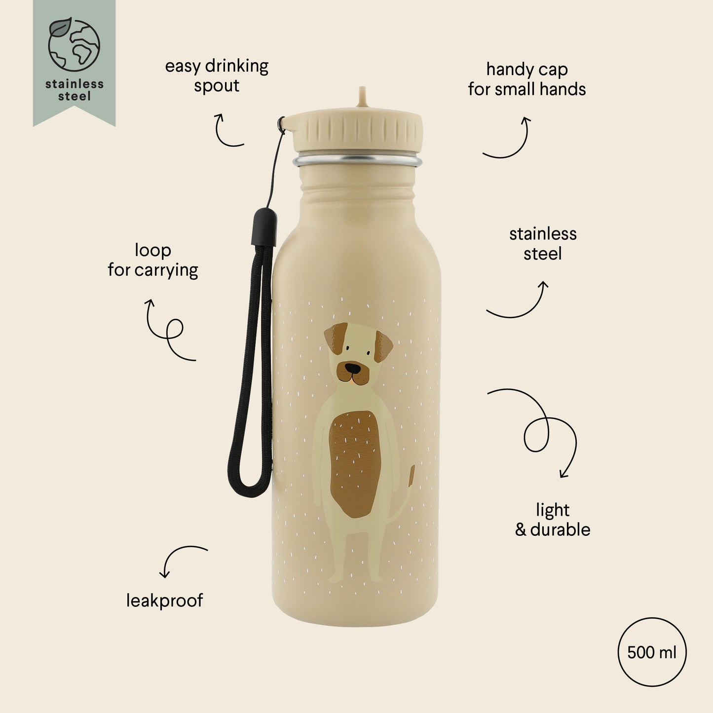 Rostfri Beige Vattenflaska i Stål - 500 ml - Herr Hund