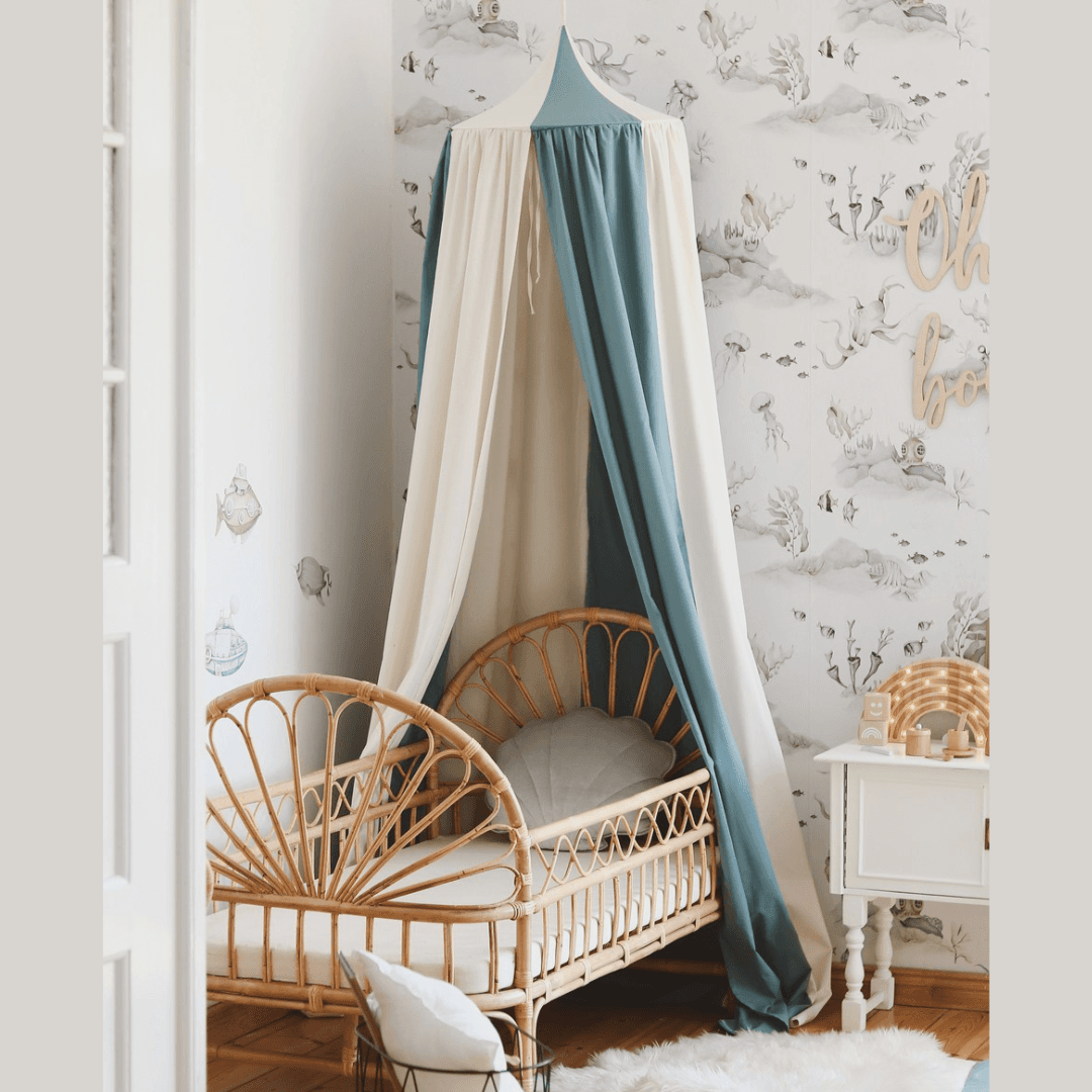 Ekologisk Handgjord Sänghimmel i Kräm & Turkos Bomull / Linne