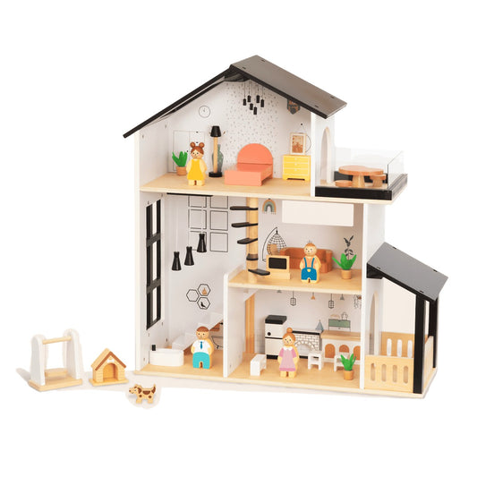 Tre Vånings-Dockhus Med Möbler & Dekor - BusyKids