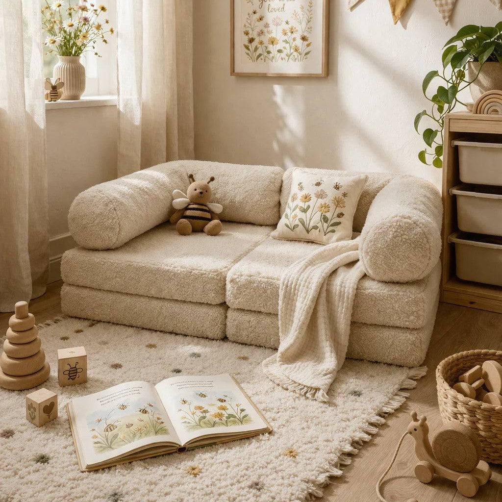 HoneyHug Mjuk Modulär Soffa för Barn – Kräm Teddytyg