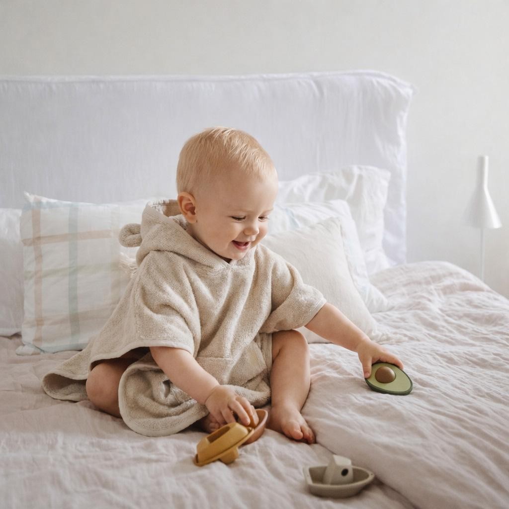 Beige Badponcho för Barn med Huva och Kaninöron – Bomull & Bambu