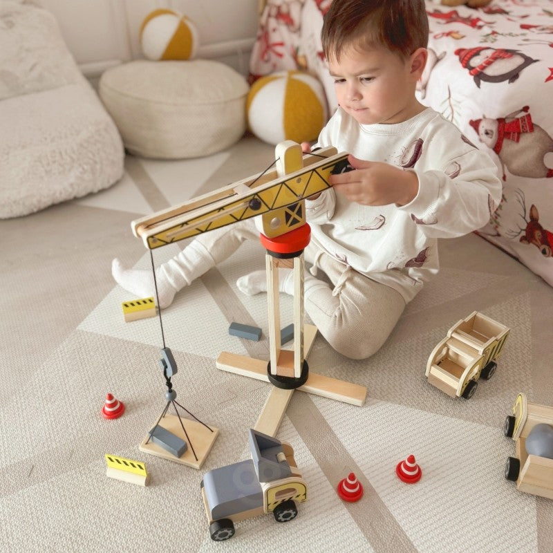 Bygglekset - Byggarbetsplats med Lyftkran & Fordon i Trä